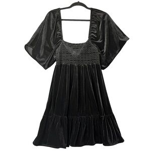 Chelsea & Violet Black Velvet Smocked Ruffle Hem Mini Dress